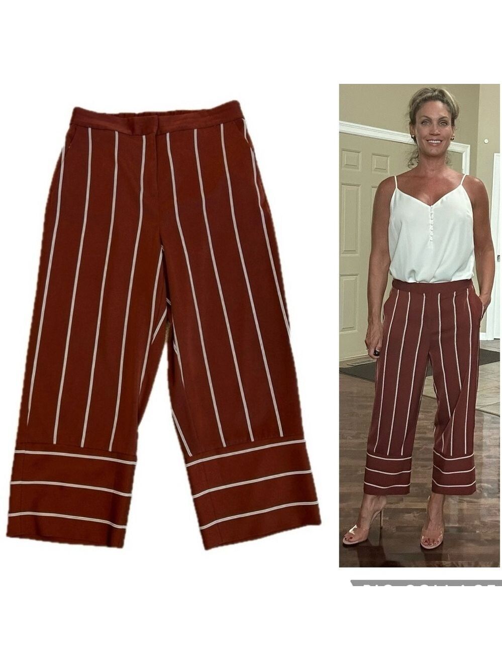 Dynamite rust Brown white striped wide leg culottes trouser pants Sz M cropped